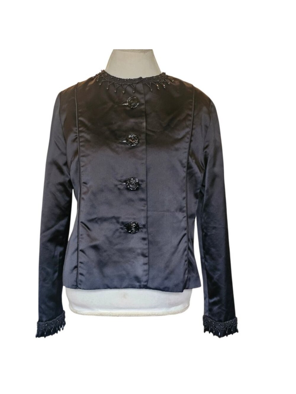 VTG Womens Black Satin Formal Jacket Blazer Beaded Mod 50s 60s Sz L